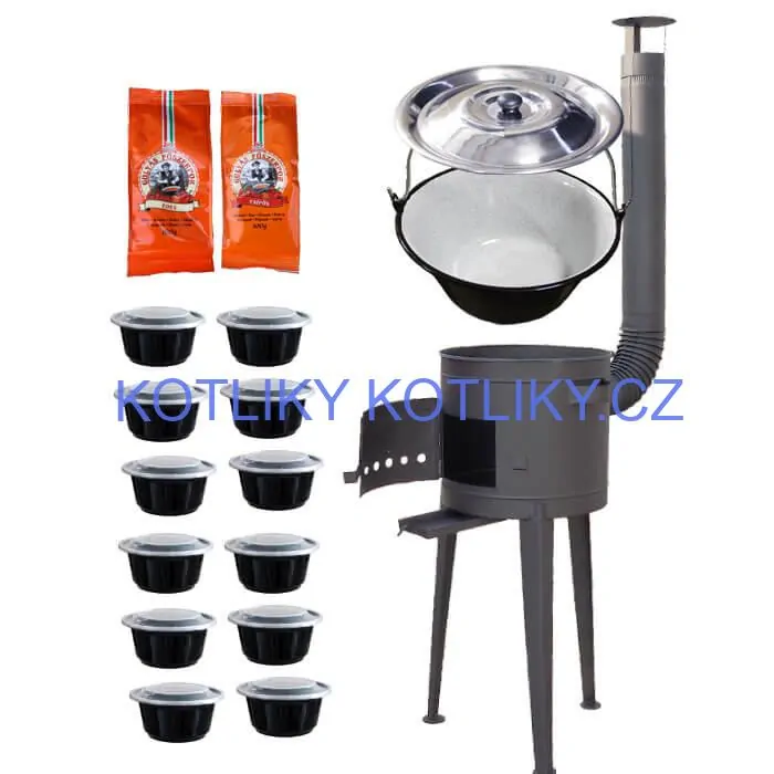 Smaltovaný kotlík 22 L (1,2 mm) + vysoká žáruvzdorná kotlina (2,0 mm) HODO 42 cm PLUS 600 + misky 12 ks + 2 x pepř na guláš 100 g