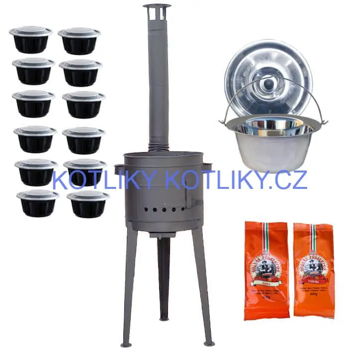 Nerezový kotlík 22 L (0,8 mm) INOX + vysoká žáruvzdorná kotlina (1,5 mm) HODO 42 cm PLUS 600 + misky 12 ks + 2 x pepř na guláš 100 g