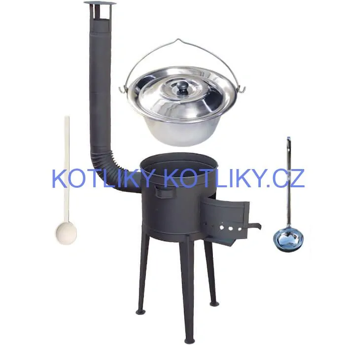 Nerezový kotlík 20 L (1,2 mm) INOX + vysoká žáruvzdorná kotlina (2,0 mm) HODO 42 cm PLUS 600 + vařečka + naběračka