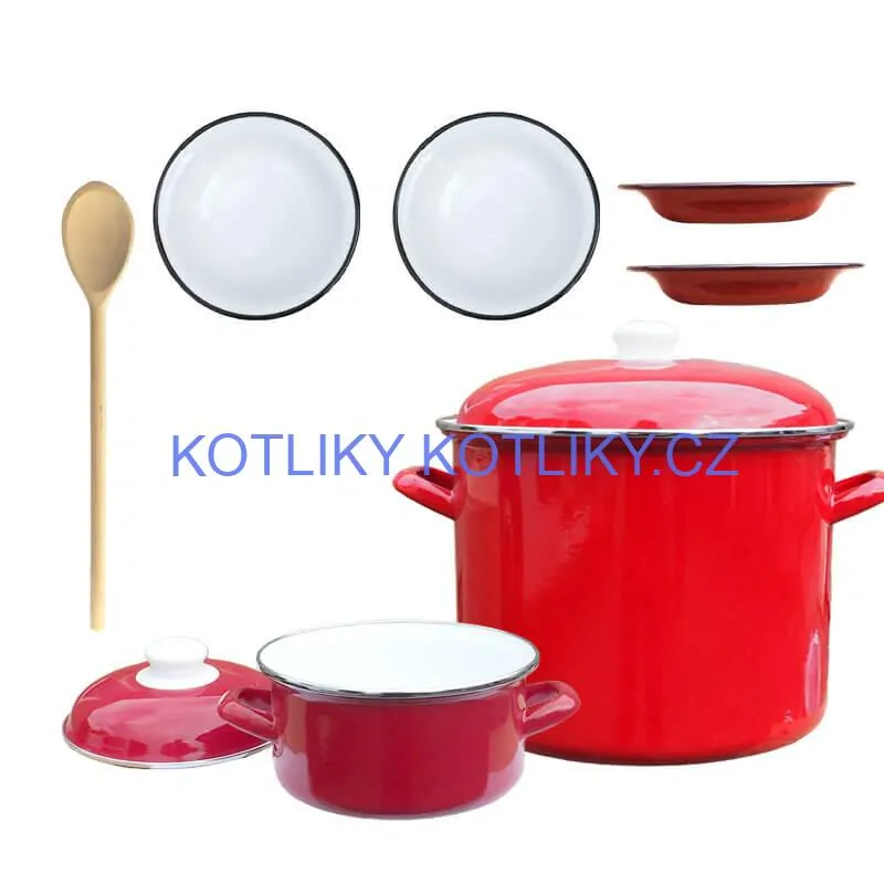 Smaltovaný hrnec s poklicí 5,2 l + smaltovaný kastrol s poklicí 3 L + talíře Classic