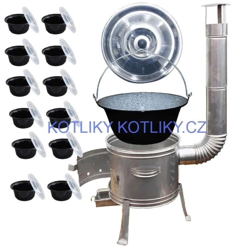 Smaltovaný kotlík 25 L + Nerezová kotlina 42 INOX + misky 12 ks