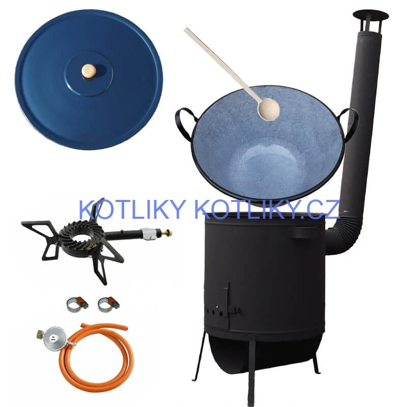 Smaltovaný kotel 70 L na zabijačku + žáruvzdorná kotlina 53 PLUS 600 4 MM + hořák 7,5 kW + vařečka