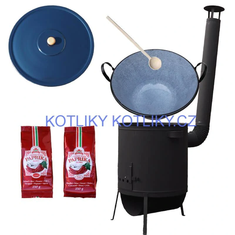 Smaltovaný kotel 60 L na zabijačku + žáruvzdorná kotlina 53 PLUS 600 4 MM + sladká a pálivá paprika (2 x 250 g) + vařečka