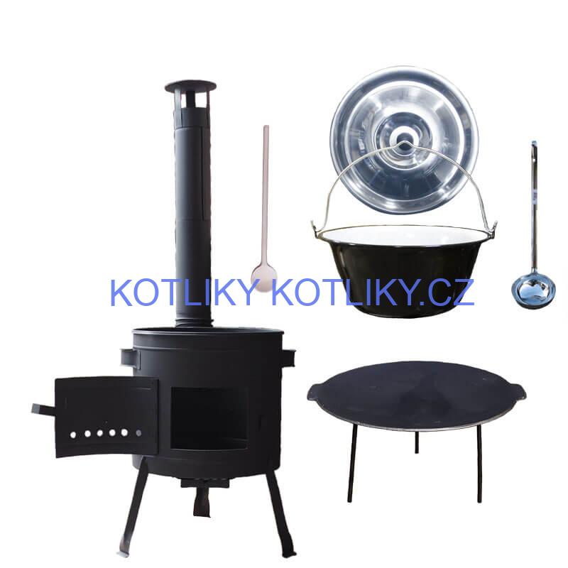 Smaltovaný kotlík 22 L + litinová pánev 45 cm + nízká žáruvzdorná kotlina 42 cm PLUS 600