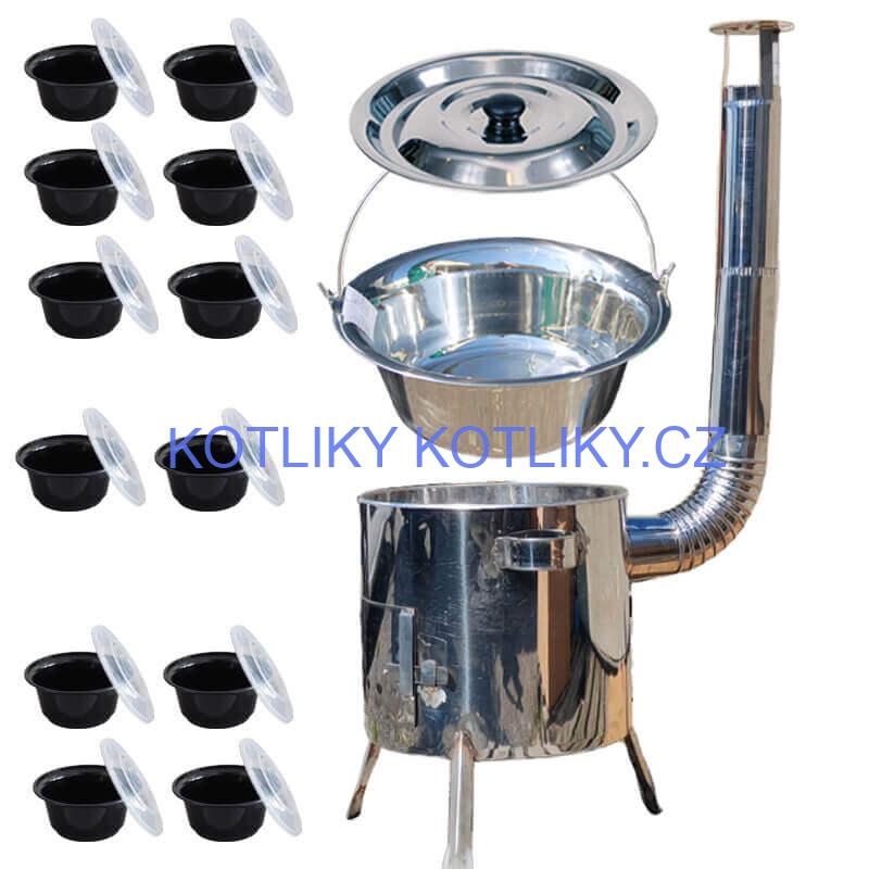 Nerezový kotlík 14 L (0,8 mm) INOX + Nerezová kotlina 36 INOX LUSTRO + misky 12 ks