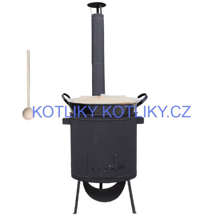 Zabijačkový smaltovaný kotel 100 L, žáruvzdorná kotlina 42 PLUS 600 4 MM, dřevěná poklice + vařečka
