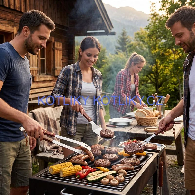 Grilovací nářadí BBQ – sada 3 ks, nerez a dřevo, 33 cm