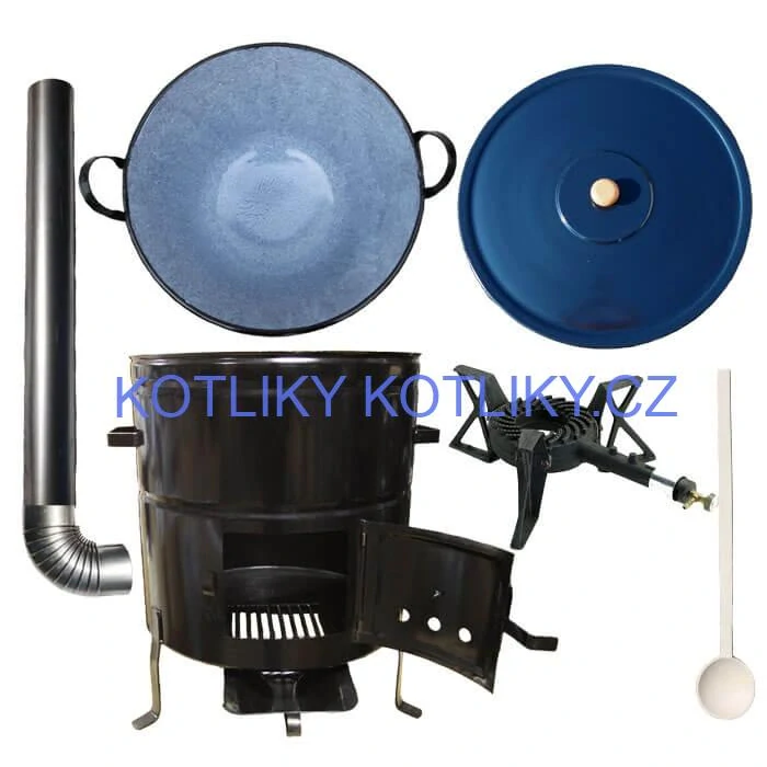 Zabijačkový smaltovaný kotel 50 L + kovová kotlina 50 cm + hořák 7 kW + kouřovod