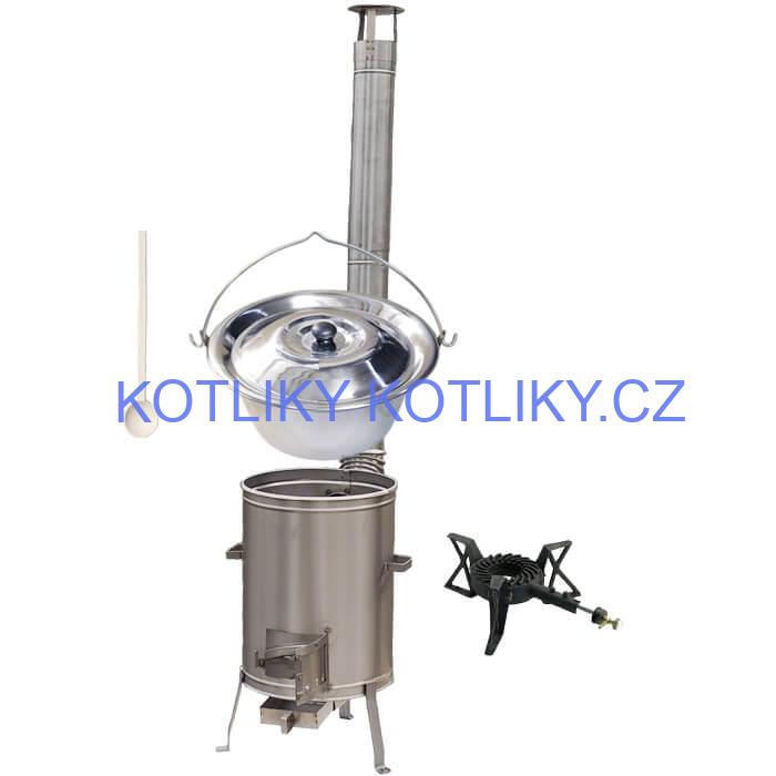 Nerezový kotlík 10 L (1,2 mm) + nerezová kotlina 36 cm + litinový hořák 7 kW, vařečka LUX