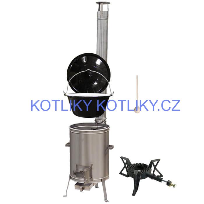 Smaltovaný kotlík 13 L (1,2 mm) + nerezová kotlina 36 cm + litinový hořák 7 kW, vařečka LUX