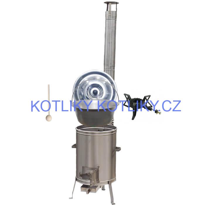 Nerezový kotlík 15 L (1,5 mm) + nerezová kotlina 36 cm + litinový hořák 7 kW, vařečka LUX