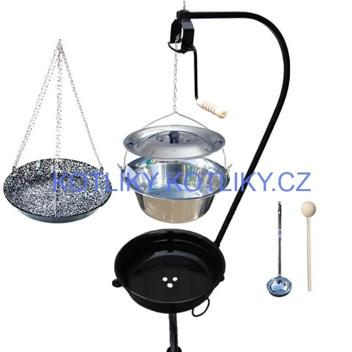 Nerezový kotlík 10 L (0,8 mm) INOX + smaltovaná pánev + ohniště se stojanem as pojistnou kladkou VAR