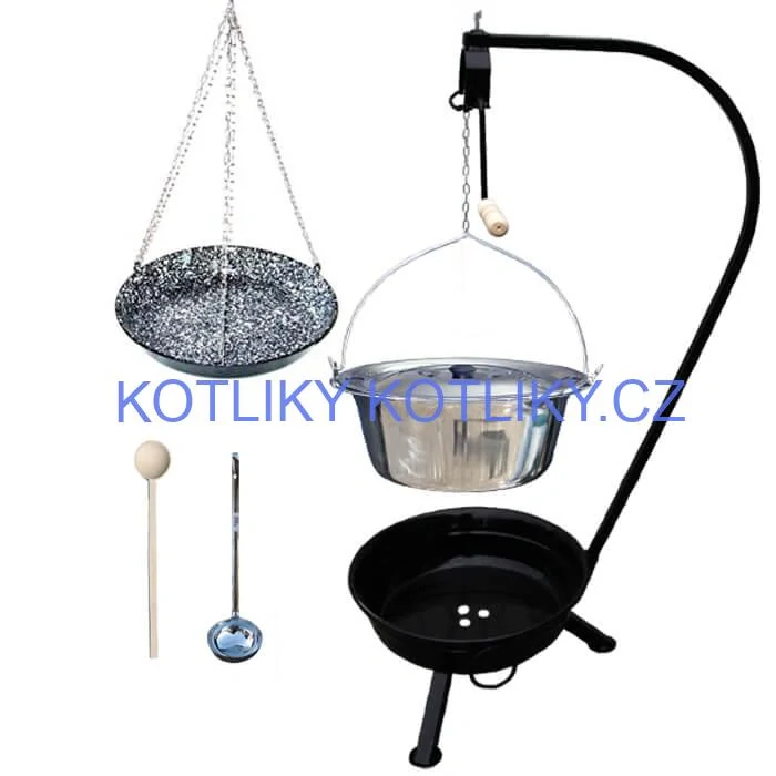 Nerezový kotlík 15 L (1,2 mm) INOX + smaltovaná pánev + ohniště se stojanem as pojistnou kladkou VAR